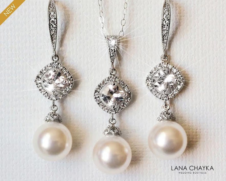 Pearl Bridal Jewelry Set, White Pearl Wedding Earrings Necklace Set, Pearl Chandelier Earrings, White Pearl Pendant, Wedding Pearl Jewelry EarringsNecklace SET