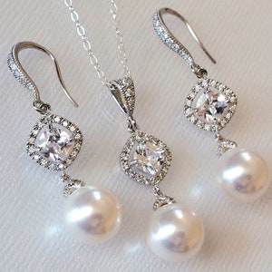Pearl Bridal Jewelry Set, White Pearl Wedding Earrings Necklace Set, Pearl Chandelier Earrings, White Pearl Pendant, Wedding Pearl Jewelry image 8