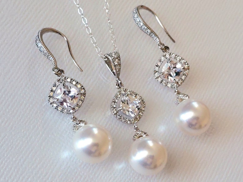 Pearl Bridal Jewelry Set, White Pearl Wedding Earrings Necklace Set, Pearl Chandelier Earrings, White Pearl Pendant, Wedding Pearl Jewelry image 8