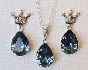 Denim Blue Crystal Jewelry Set, Blue Teardrop Crystal Earrings Set, Blue Crystal Tiara Earrings, Denim Blue Pendant, Blue Wedding Jewelry