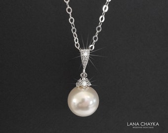 Pearl Drop Bridal Necklace, Swarovski 10mm White Pearl Sterling Silver Necklace, Pearl Wedding Necklace, Bridesmaids Jewelry, Bridal Pendant