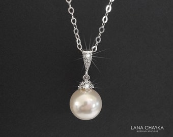 Collier de mariée Pearl Drop, Collier Swarovski 10mm White Pearl Sterling Silver, Collier de mariage en perle, Bijoux de demoiselles d’honneur, Pendentif de mariée