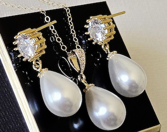 White Teardrop Pearl Gold Bridal Jewelry Set, Pearl Earrings Necklace Wedding Set, Wedding Jewelry