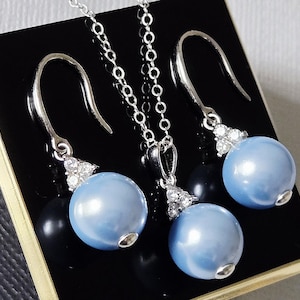 Blue Pearl Sterling Silver Jewelry Set, Blush Blue Pearl Earrings Necklace Set, Blue Pearl Wedding Bridal Jewelry Set, Blue Wedding Jewelry