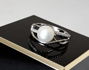 White Freshwater Pearl 925 Sterling Silver Adjustable Ring, 7.5US Cultured Pearl Wedding Engagement Rings