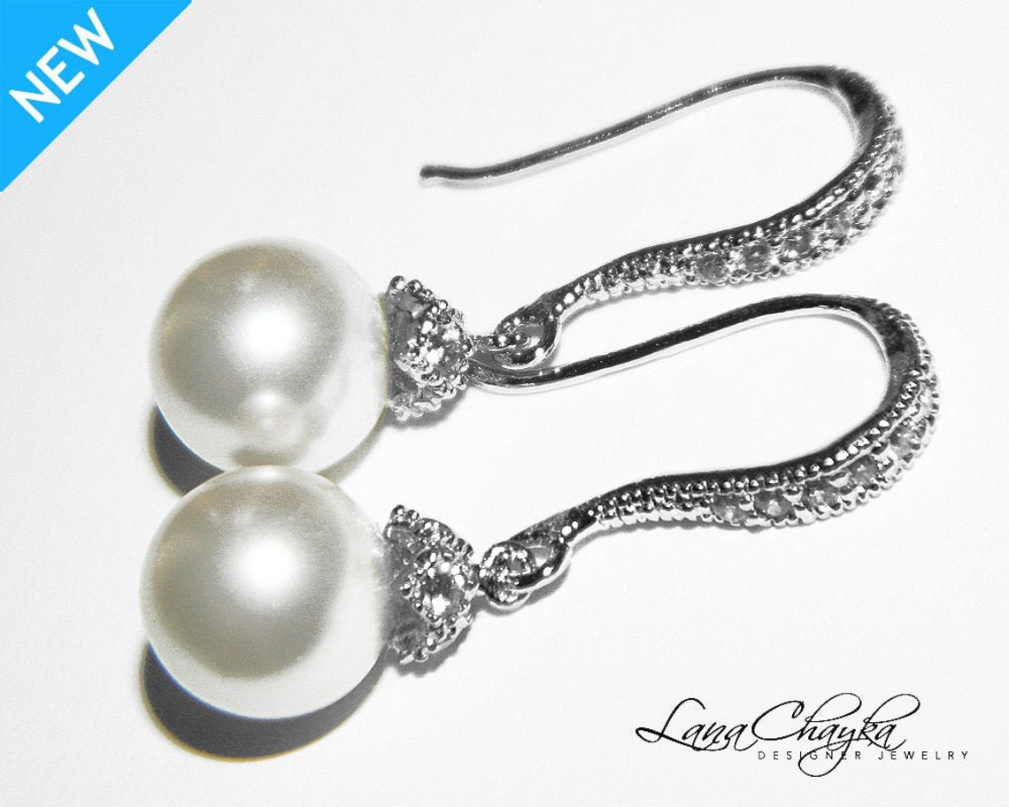 White Pearl Drop Earrings Pearl Bridal Earrings Swarovski - Etsy