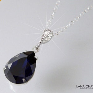 Navy Blue Crystal Necklace, Dark Indigo Teardrop Pendant, Dark Blue Silver Chain Necklace, Deep Blue Pendant, Navy Bridal Bridesmaid Jewelry