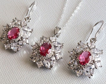 Pink Crystal Jewelry Set, Rose Pink CZ Halo Earrings Necklace Set, Wedding Pink Jewelry, Pink Crystal Dangle Earrings, Pink Bridal Pendant