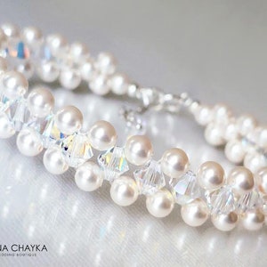 Pearl Crystal Bridal Bracelet, Double Row White Pearl Wedding Bracelet, White Pearl Cuff Bridal Bracelet, Pearl Wedding Bridal Prom Jewelry