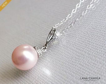 Blush Pink Pearl Bridal Necklace, Light Pink Silver Wedding Prom Pendant, Pink Bridesmaids Jewelry