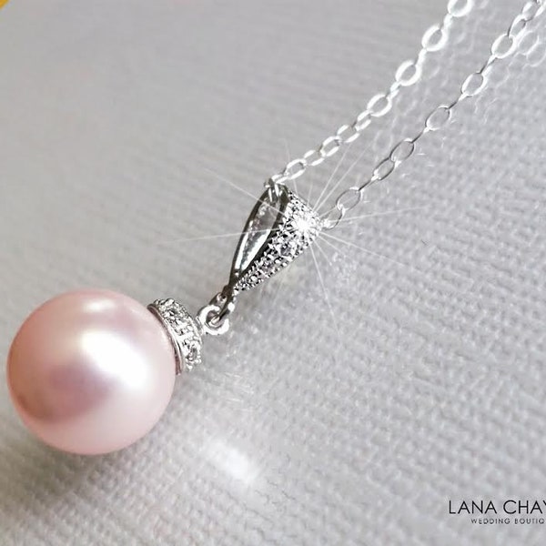 Blush Pink Pearl Bridal Necklace, Light Pink Pearl Silver Pendant, Rosaline Pearl Wedding Necklace, Pink Bridesmaids Jewelry, Prom Pendant