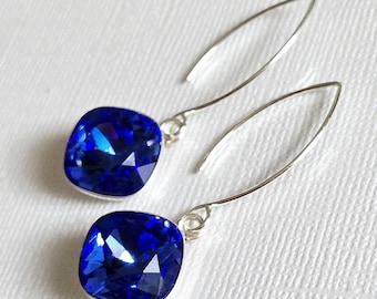Orecchini lunghi in argento sterling con cristalli di zaffiro, 4 cm, blu reale, orecchini da sposa, gioielli blu cobalto