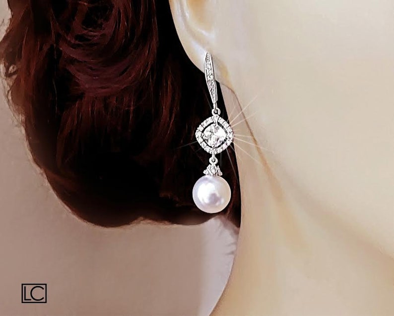 Pearl Bridal Jewelry Set, White Pearl Wedding Earrings Necklace Set, Pearl Chandelier Earrings, White Pearl Pendant, Wedding Pearl Jewelry image 3