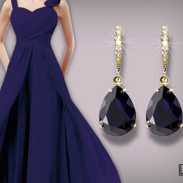 Navy Blue Gold Crystal Earrings, Dark Indigo Teardrop Earrings, Dark Blue Dangle Wedding Earrings, Bridal Bridesmaids Blue Gold Jewelry