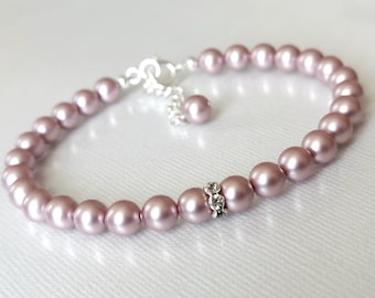Pink Powder Rose Pearl Wedding Bracelet, 7.20"Blush Rose Bridal Prom Bracelet, Pink Jewelry