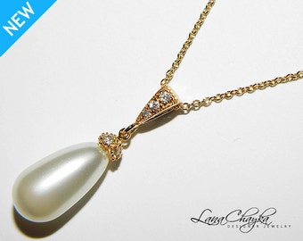 Teardrop Pearl Gold Pendant, Ivory Color Pearl Bridal Necklace, Pearl Gold Wedding Pendant, Ivory Gold Wedding Jewelry, Pearl Women Pendant