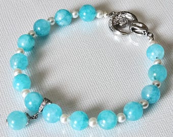 Teal Aqua White Charm Bracelet, 7.50"Teal Beaded Women Bracelet, Aqua Turquoise Wedding Jewelry