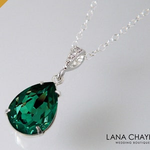 Collier en cristal émeraude, collier en argent Swarovski Emerald Teardrop, bijoux verts de demoiselles d’honneur de mariage, pendentif en strass émeraude