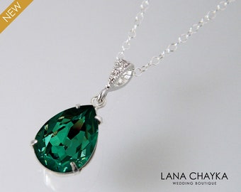 Emerald Crystal Necklace, Swarovski Emerald Teardrop Silver Necklace, Wedding Bridal Bridesmaids Green Jewelry, Emerald Rhinestone Pendant