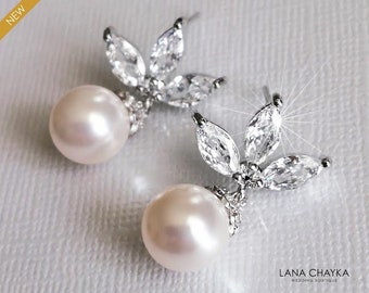 White Pearl CZ Bridal Earrings, 1"Pearl Leaf Wedding Prom Earrings, White Pearl Women Jewelry