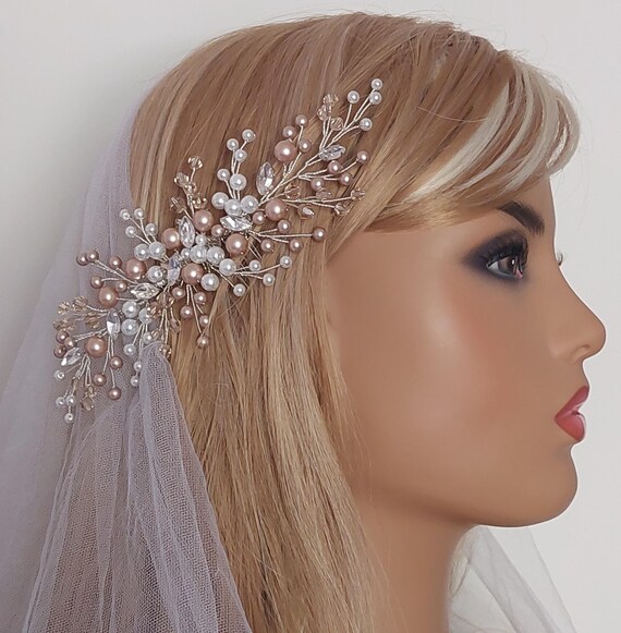 Champagne Wedding Hair Comb, Champagne Pearl Crystal Bridal  display picture 2