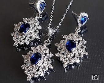 Navy Blue Jewelry Set, Wedding Earrings Necklace Set, Navy Blue Silver Pendant, Sapphire Blue Victorian Jewelry Blue Cubic Zirconia Earrings