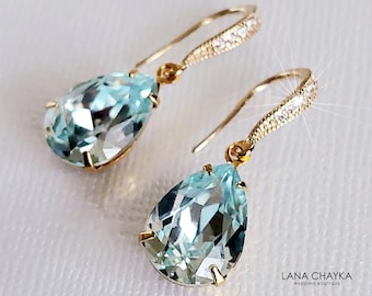 Light Azore Gold Crystal Earrings, Ice Blue Teardrop Crystal Earrings, Duck Egg Dangle Earrings, Light Azure Bridesmaids Bridal Earrings