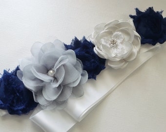 White Royal Blue Gray Wedding Sash, Dark Blue White Light Grey Satin Belt, Flower Girl Sash, Rustic Floral Dress Sash, Blue Maternity Sash