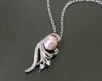 Blush Pink Pearl Sterling Silver Dainty Wedding Necklace, Light Pink Bridal Prom Pendant, Pink Charm Jewelry