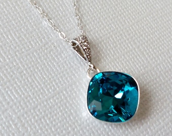 Teal Crystal Necklace, Indicolite Silver Chain Necklace, Peacock Crystal Bridal Pendant, Wedding Teal Jewelry, Dark Teal Pendant Necklace