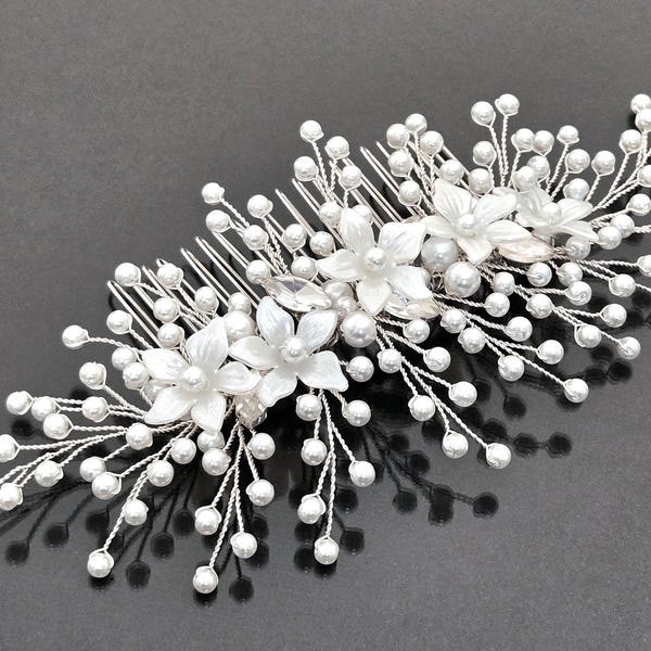 White Pearl Bridal Side Hair Comb, White Pearl Floral Wedding Hair Piece, Bridal Hair Accessories