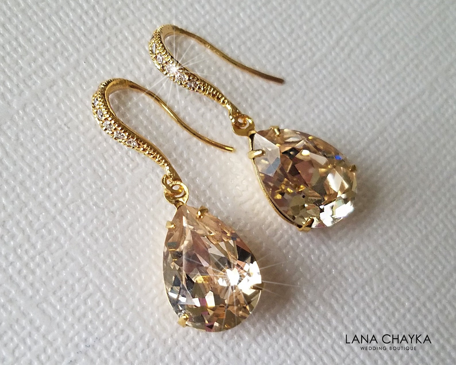 Champagne Crystal Gold Earrings Wedding Teardrop Dangle - Etsy