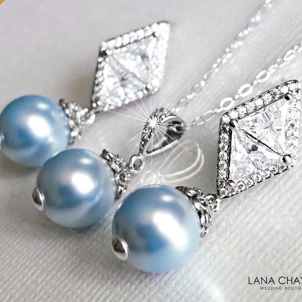 Blue Pearl Jewelry Set, Light Blue Pearl Wedding Set, Blush Blue Pearl Earrings, Baby Blue Pearl Pendant, Blue Earrings Necklace Bridal Set