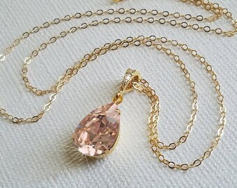 Blush Pink Champagne Gold Crystal Necklace, Vintage Rose Teardrop Necklace, Wedding Champagne Jewelry, Bridal Pastel Pink Champagne Necklace