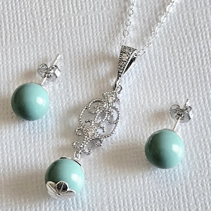 Jade Mint Pearl Silver Earrings Necklace Set, Aqua Green Pearls Studs, Jade Women Jewelry image 1
