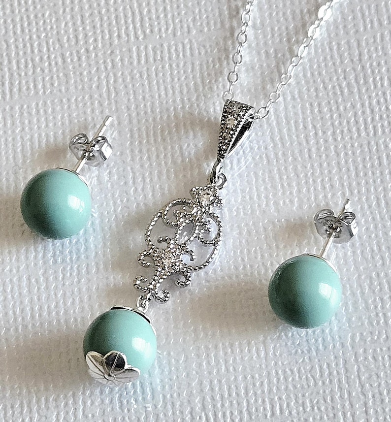Jade Mint Pearl Silver Earrings Necklace Set, Aqua Green Pearls Studs, Jade Women Jewelry image 1