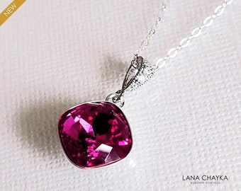 Fuchsia Crystal Necklace, Hot Pink Square Silver Pendant, Dark Pink Crystal Wedding Necklace, Fuchsia Crystal Jewelry, Bridal Pink Necklace