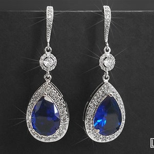 Navy Blue Crystal Earrings, Sapphire Blue Cubic Zirconia Earrings, Blue Silver Teardrop Earrings, Blue Chandelier Dangle Wedding Earrings