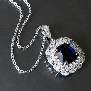 Blue Halo Crystal Pendant, Navy Blue Bridal Necklace, Deep Blue Zirconia Wedding Pendant, Dark Blue Square Necklace, Blue Women Necklace