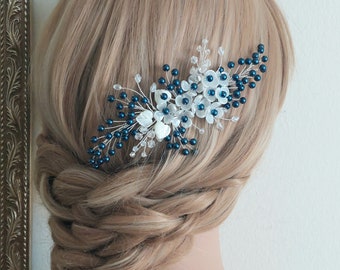 Pettine per capelli da sposa blu navy, pettine per capelli laterale bianco blu, pezzo di capelli perla blu scuro, pezzo di capelli perla blu navy, accessori per capelli da sposa blu navy