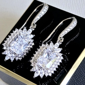 Crystal Bridal Earrings, Wedding Cubic Zircon Halo Earrings, Bridal Cubic Zirconia Dangle Earrings, Rectangle Sparkly Wedding Prom Earrings
