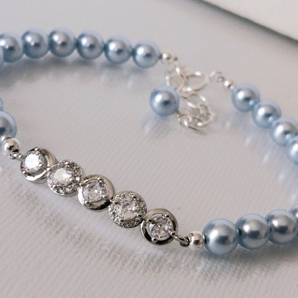 Blue Pearl Bridal Bracelet, Light Blue Pearl Bracelet, Wedding Bridal Bracelet, Blue Wedding Bridal Jewelry, Blush Blue Pearl CZ Bracelet