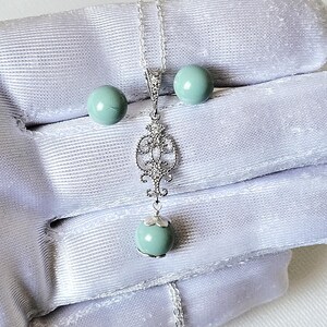 Jade Mint Pearl Silver Earrings Necklace Set, Aqua Green Pearls Studs, Jade Women Jewelry image 9