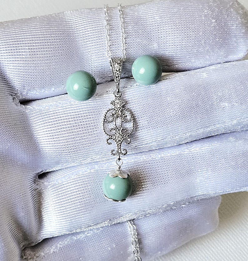 Jade Mint Pearl Silver Earrings Necklace Set, Aqua Green Pearls Studs, Jade Women Jewelry image 9