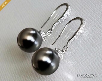 Dark Grey Pearl Earrings, Grey Pearl Drop Silver Earrings, Charcoal Pearl Dangle Earrings, Wedding Grey Pearl Jewelry, Dark Grey Earrings