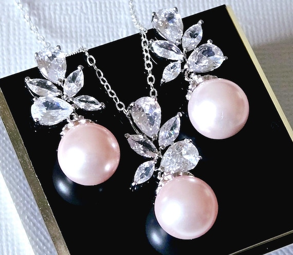 Blush Pink Pearl Bridal Jewelry Set, Light Pink Wedding Jewelry