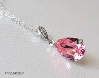 Light Pink Crystal Necklace, Blush Pink Teardrop Silver Pendant, Light Pink Silver Bridal Necklace, Blush Pink Bridesmaids Wedding Jewelry