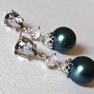 Green Pearl Dangle Earrings, Dark Green Pearl Earrings, Tahitian Green Pearl Wedding Earrings, Green Wedding Jewelry, Chandelier Earrings