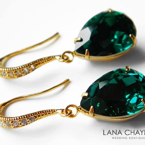 Emerald Green Crystal Earrings, Emerald Rhinestone Teardrop Gold Earrings, Wedding Green Jewelry, Bridal Bridesmaids Green Gold Jewelry