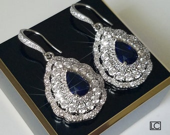 Navy Blue Bridal Earrings, Cubic Zirconia Teardrop Wedding Earrings, Sapphire Dangle Silver Earrings, Statement Earrings, Dark Blue Earrings